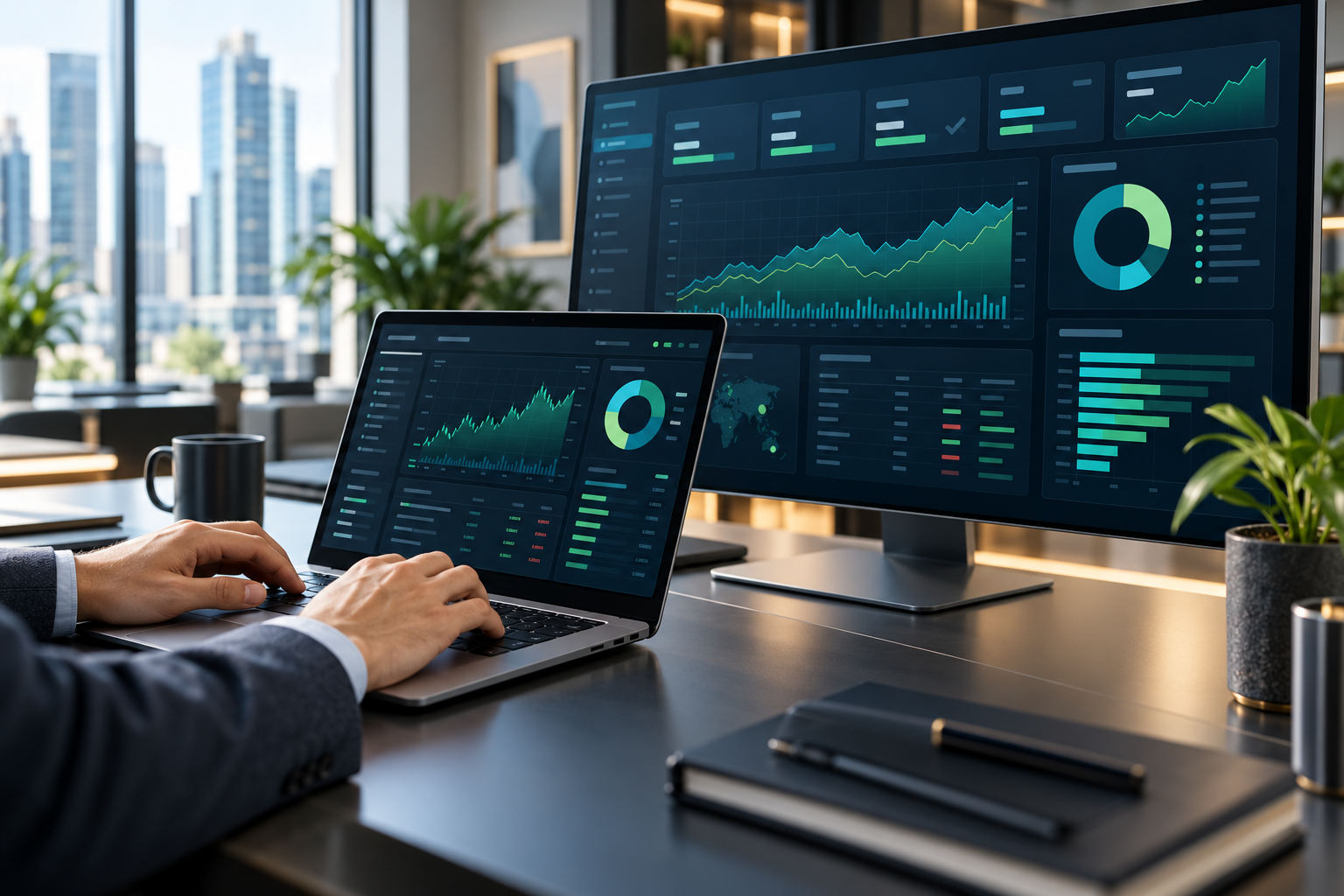Financial management software dashboard on office screens