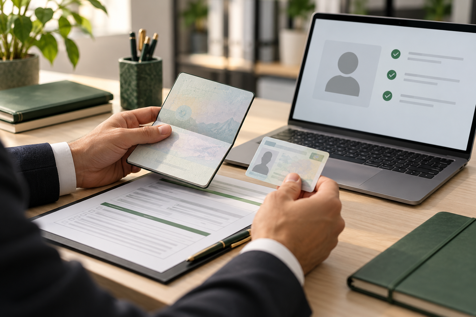 Identity documents reviewed beside a secure digital verification screen
